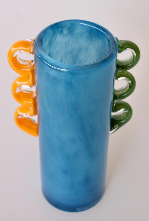Tall Blue Glass Vase Orange, Green Handles